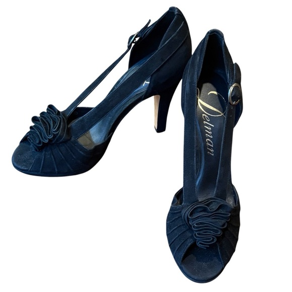Delman Shoes - NWOT Delman Black Suede Leather Slingback 4.5”Heels w/Ruffle Size 7.5 MSRP $345